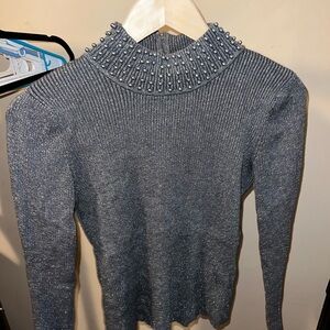 Pearl Beaded Long Sleeve Turtleneck Sweater